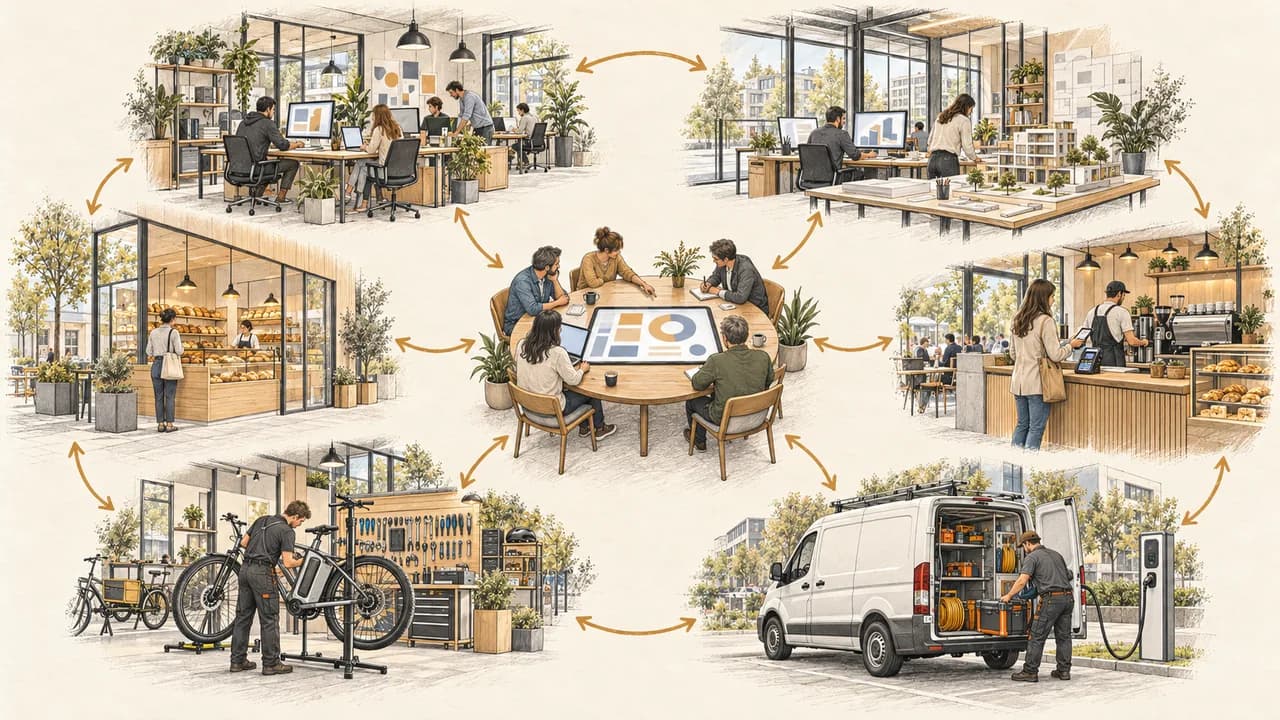 Croquis d’entreprises d’un quartier contemporain — agence, studio, boulangerie, café, atelier vélo, électricien — reliées à une table centrale de compensation