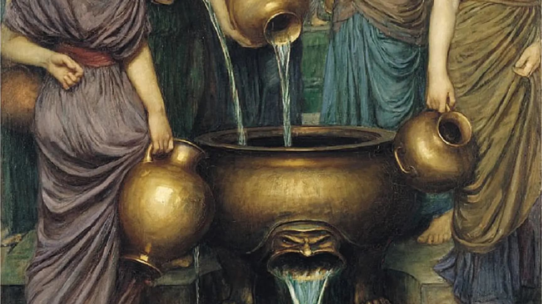 Détail des Danaïdes de John William Waterhouse : des femmes en tuniques versent l’eau de leurs amphores dans une grande jarre de bronze percée, qui se vide à mesure qu’elle se remplit.