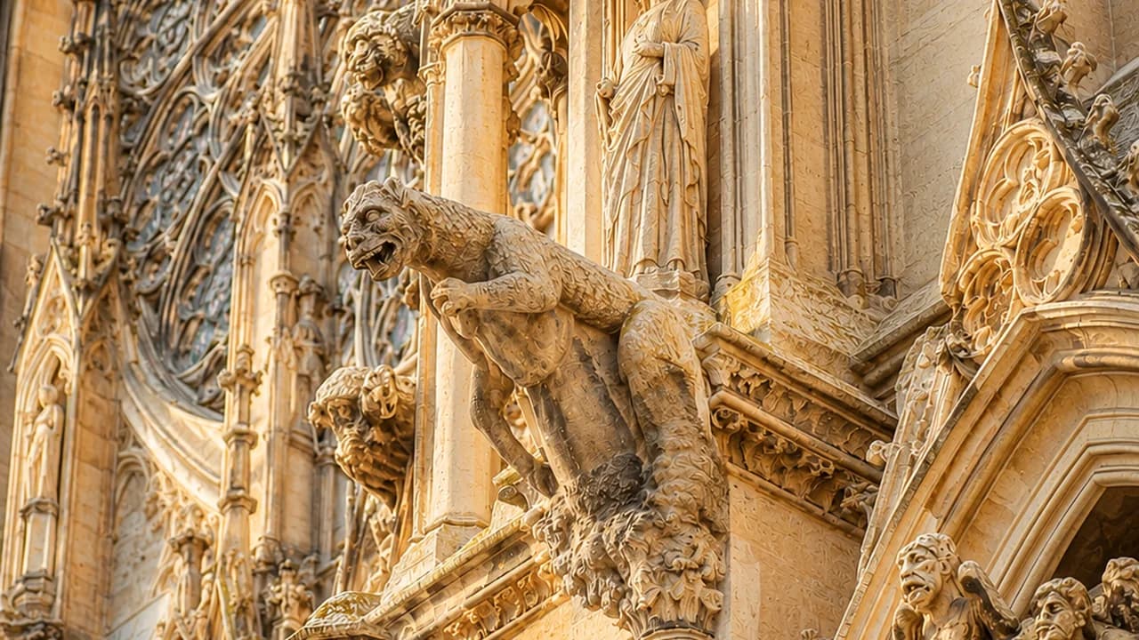 Façade gothique d’une cathédrale : gargouille, rosace et statues sculptées dans la pierre.