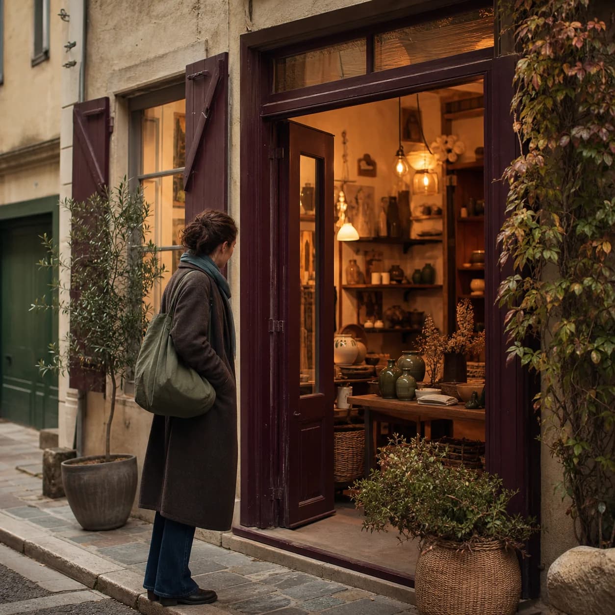 Une passante découvre une boutique artisanale dans une rue de quartier.