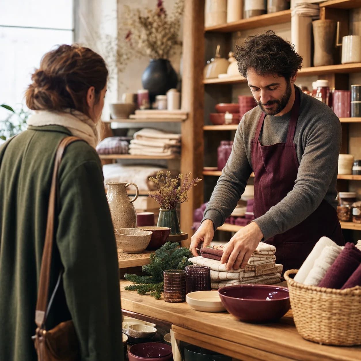 Un commerçant présente une sélection de produits à une cliente.