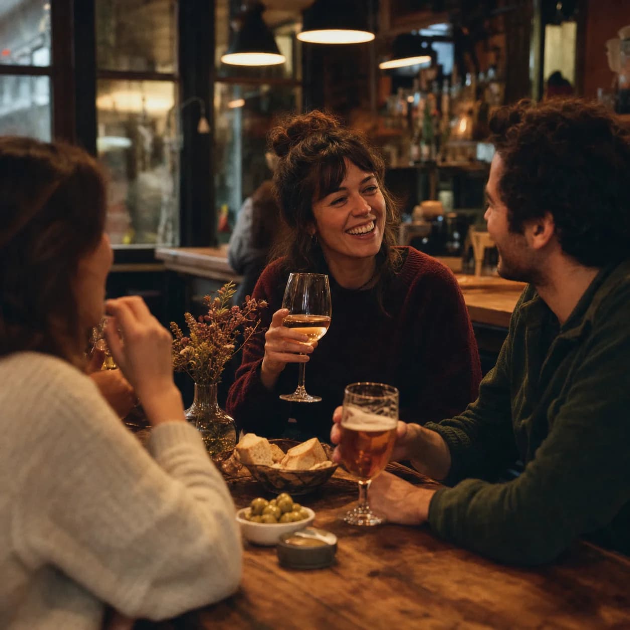 Des amis se retrouvent dans un bar de quartier après le travail.