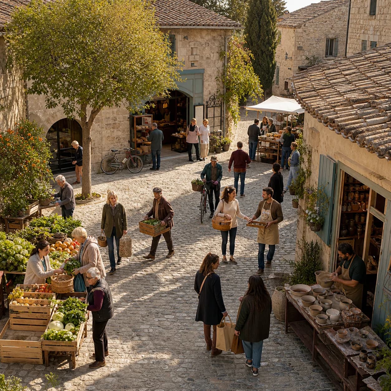 Une place de village où habitants, producteurs, commerces et artisans font circuler la valeur dans un même territoire