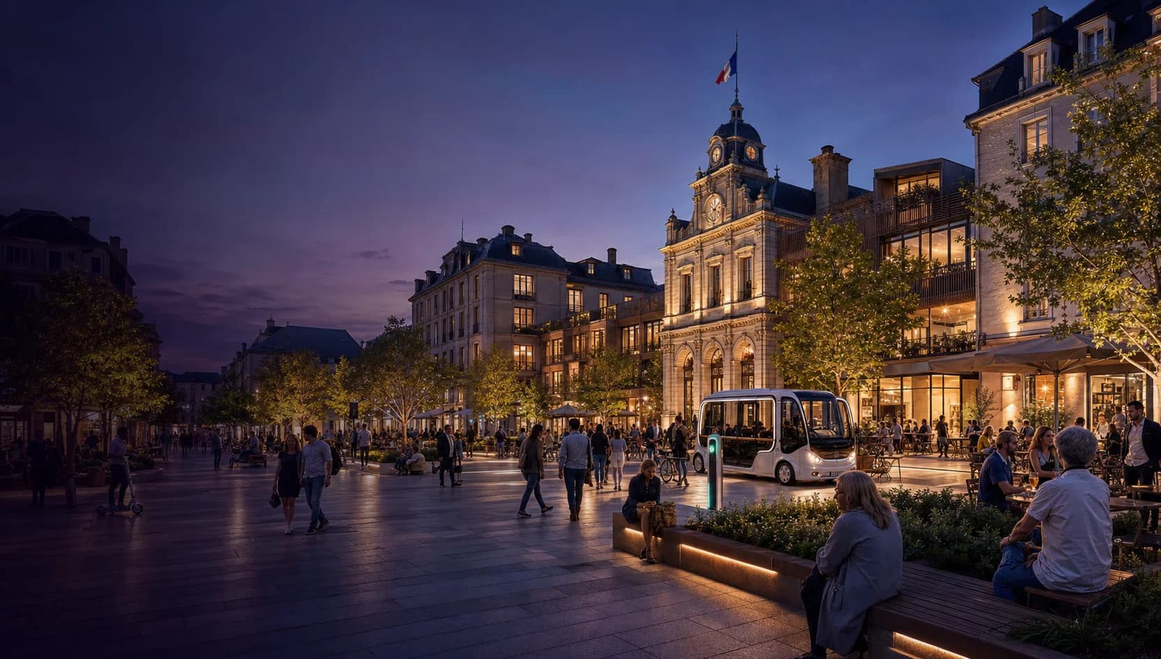 Une place civique contemporaine animée par ses habitants, ses commerces et une navette électrique