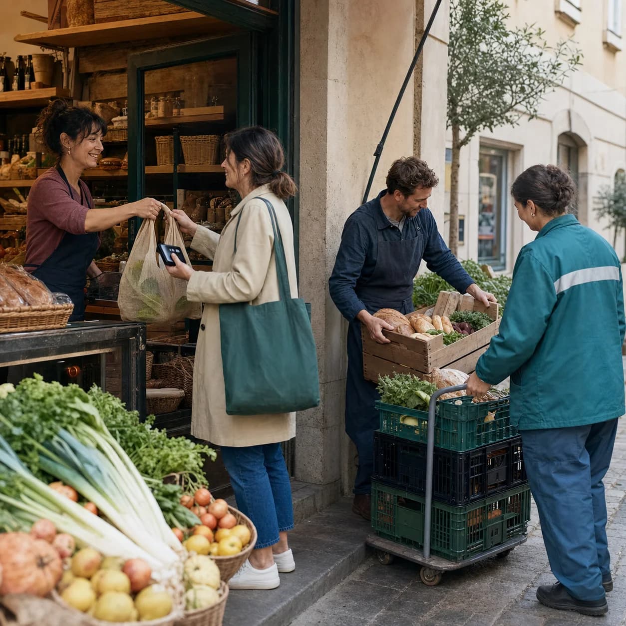 Une habitante achète dans un commerce local pendant qu'un professionnel et une agente publique réceptionnent des produits du territoire
