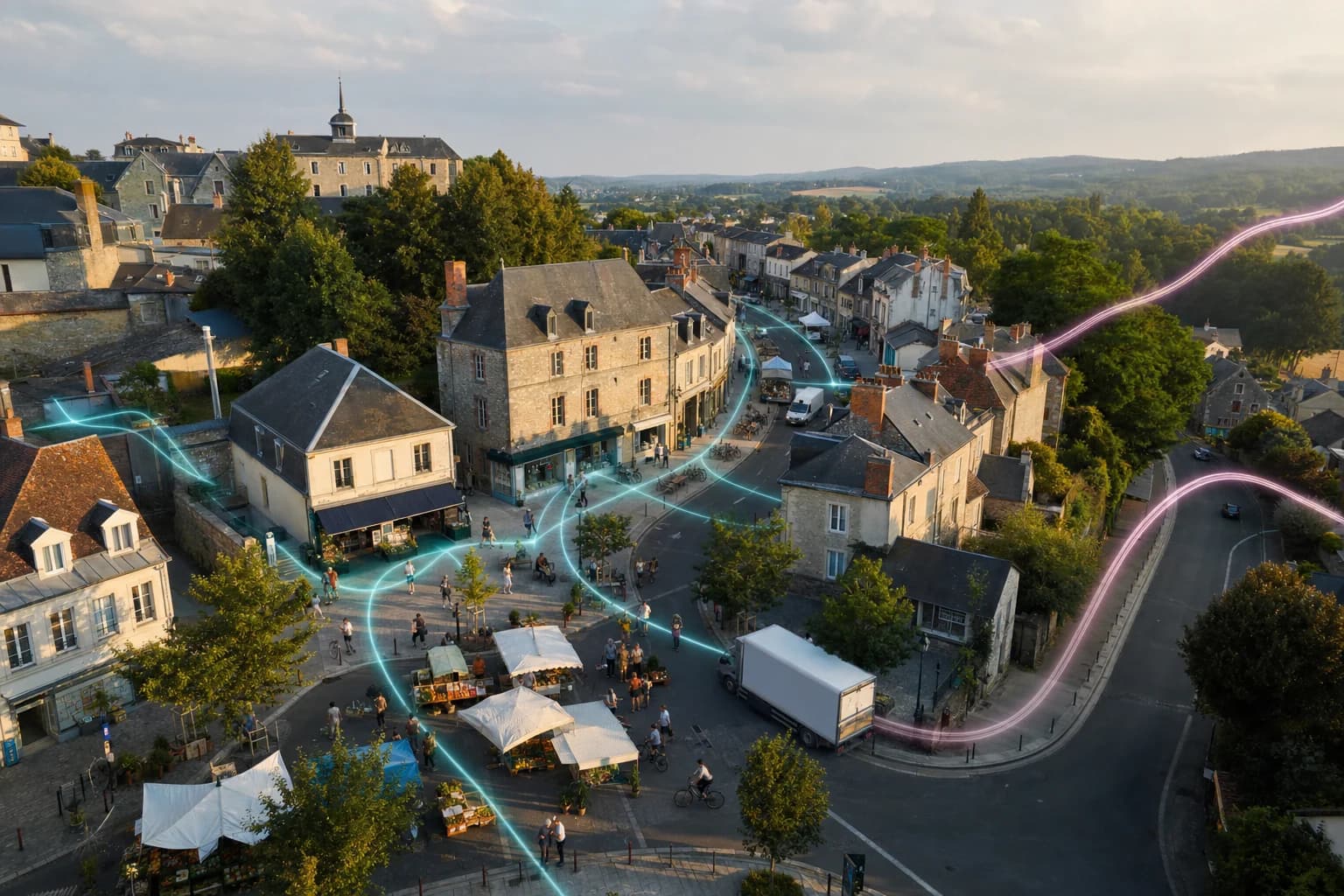 Vue aérienne d'une ville où des flux relient l'économie locale avant de s'échapper vers l'extérieur