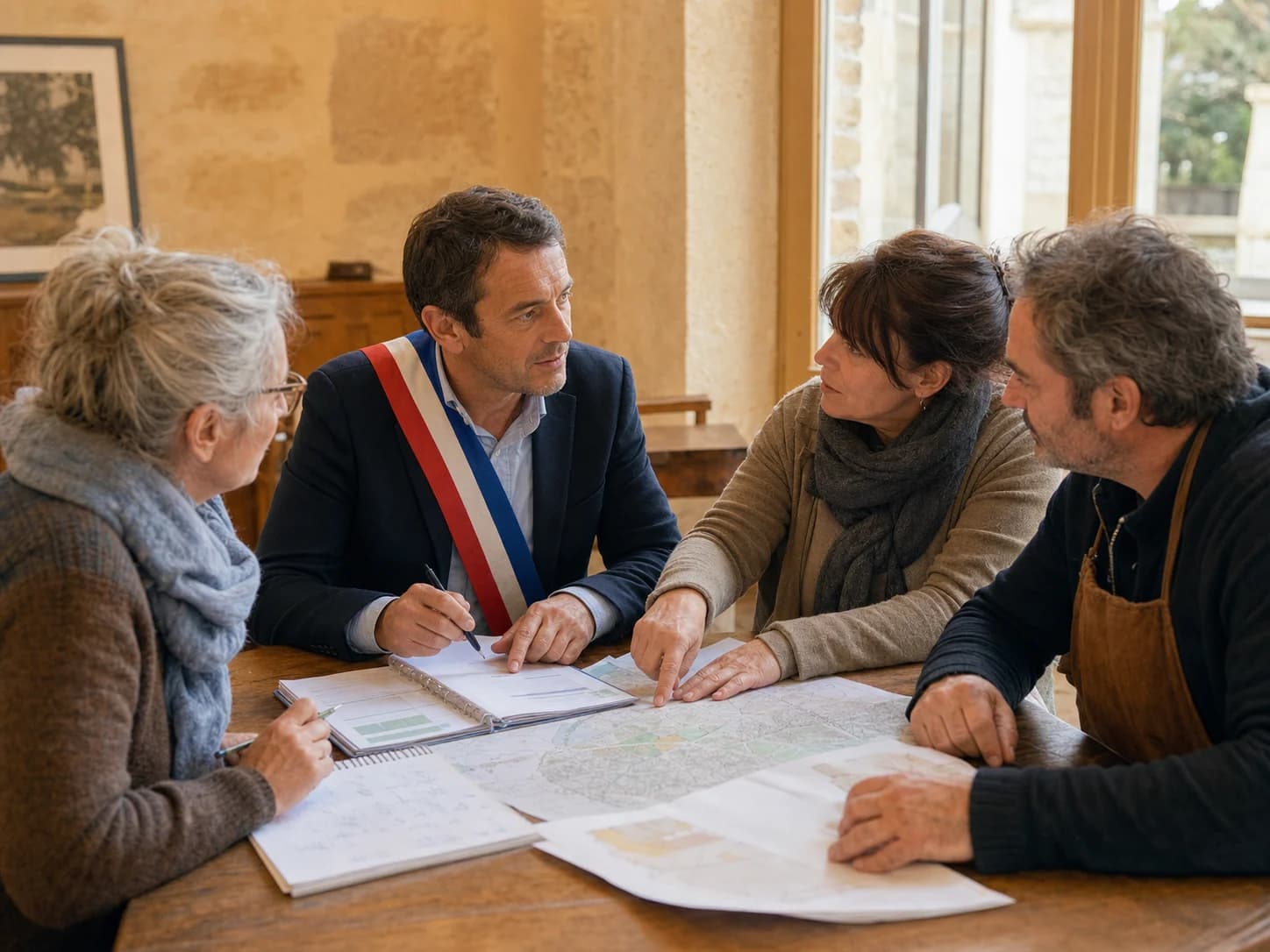 Une collectivité échange avec des habitants et un commerçant