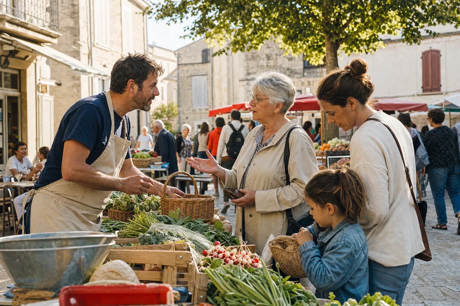 Des habitants et un commerçant échangent sur un marché local