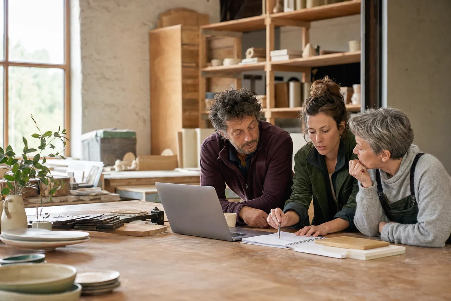 Trois entrepreneurs locaux étudient un projet ensemble dans un atelier.