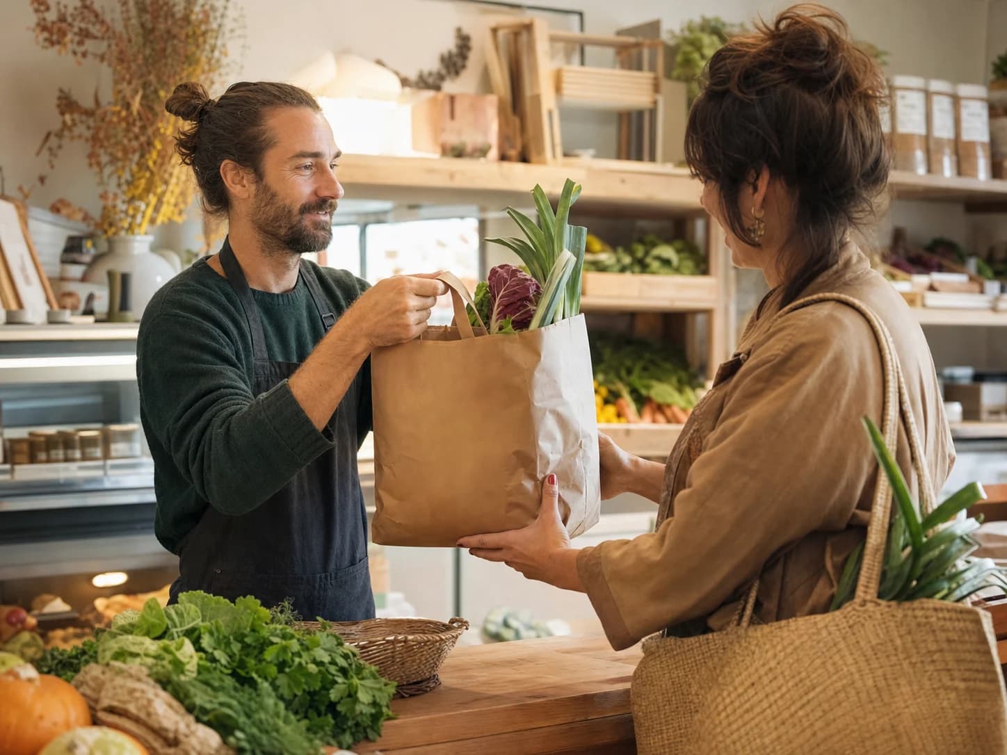 Un commerçant remet des produits locaux à une cliente.