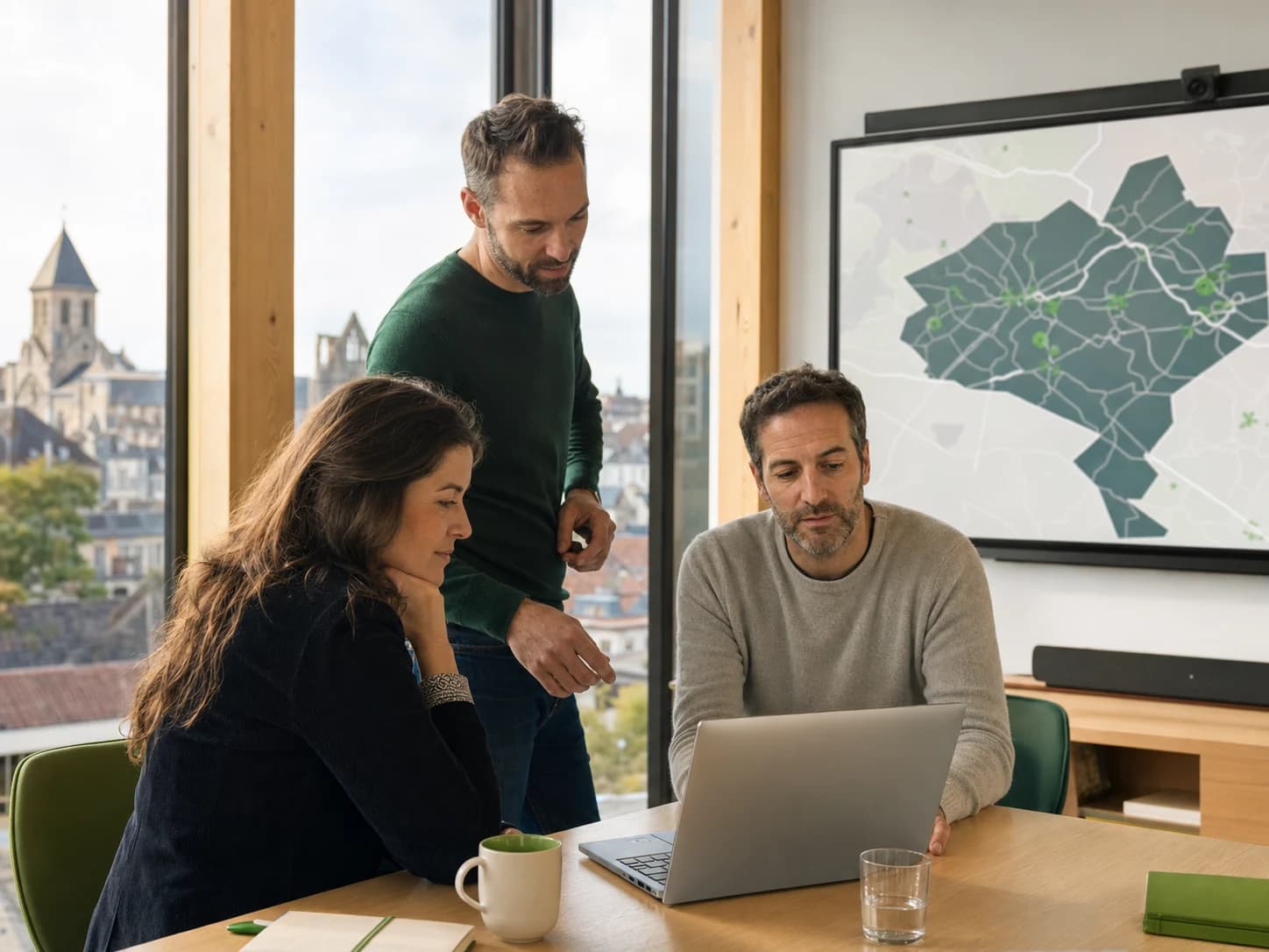 Une équipe de services échange devant une carte de son territoire.