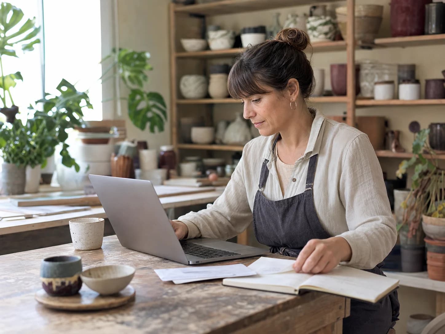 Une entrepreneuse locale pilote son activité depuis son atelier.