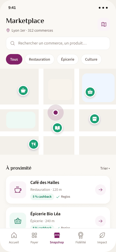 Écran Figma de la marketplace SnapShop avec carte et commerces à proximité.