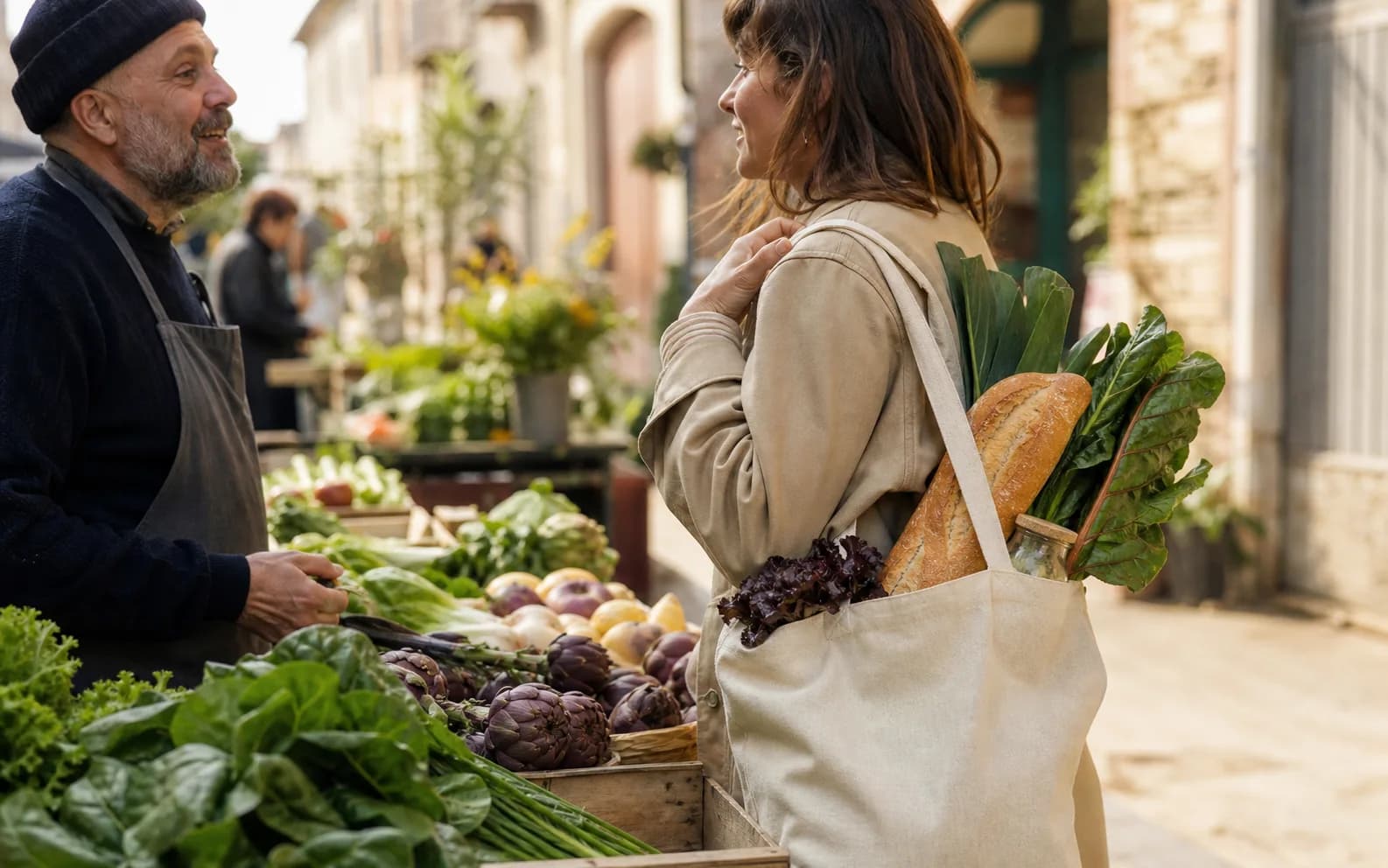 Une cliente échange avec un producteur local, un sac de courses réutilisable à l'épaule.