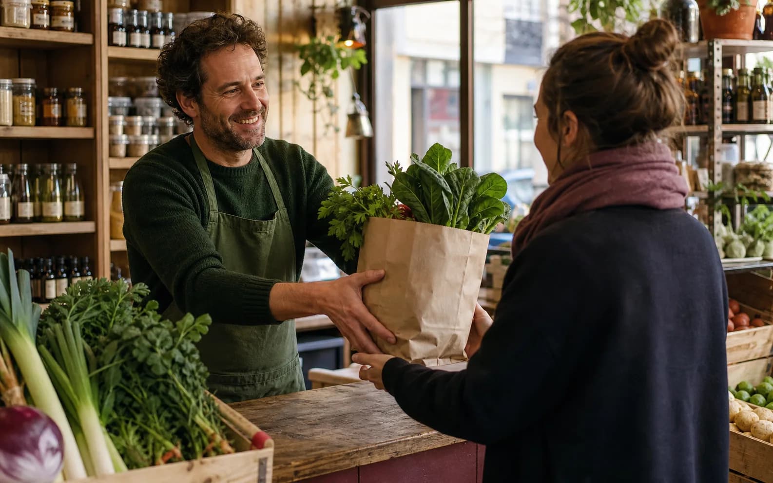 Un commerçant remet un panier de produits frais à une cliente de son quartier.
